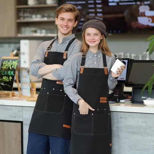 Chef Apron for Men Women with Pockets Adjustable Strap, Water Repellent Black