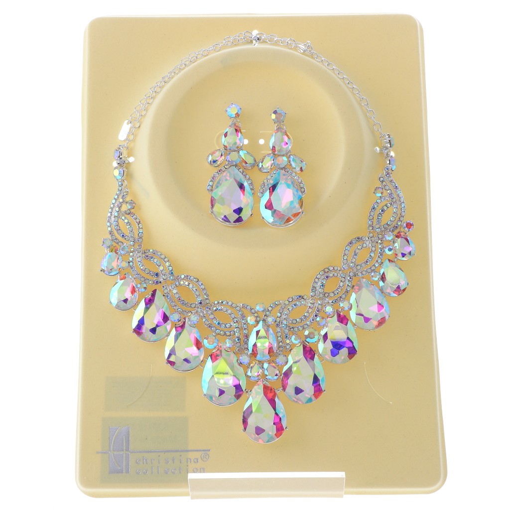 Silver Tone Alloy Metal Rhinestone Necklace Earring Set S20712-SAB