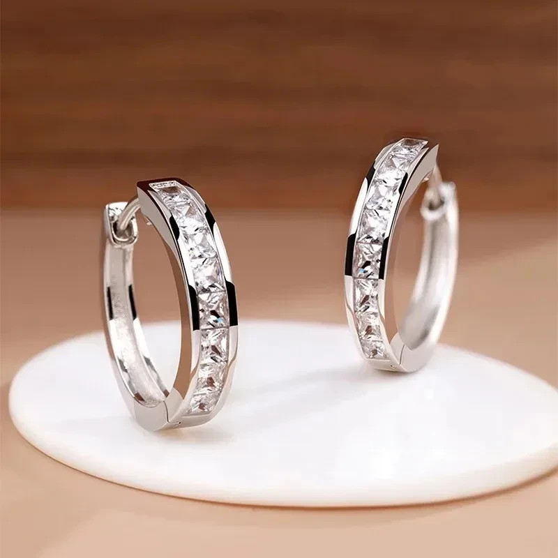 925 Sterling Silver Plated Square CZ Huggie Hoop Earrings 16mm Unisex Gift