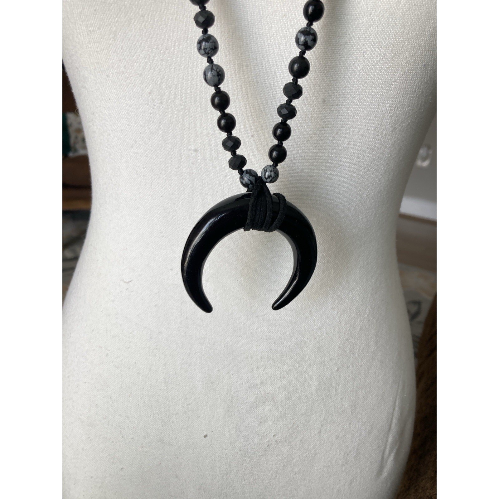 Black Crescent Horn Pendant Necklace Beaded Long Gothic Statement Celestial