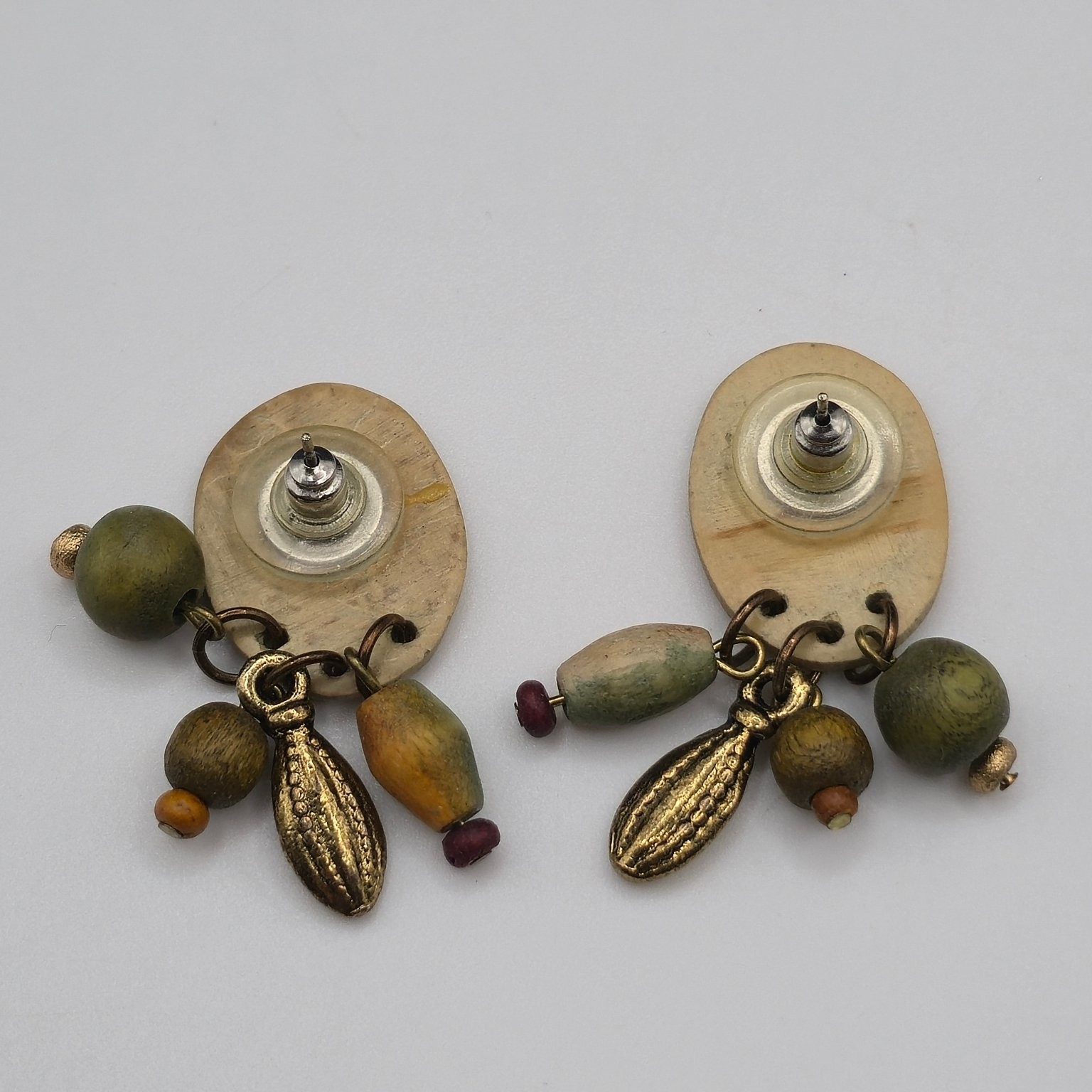 Handcrafted Boho Dangle Drop Earrings Wood Beads Gold Tone Charms 1 5/8 in