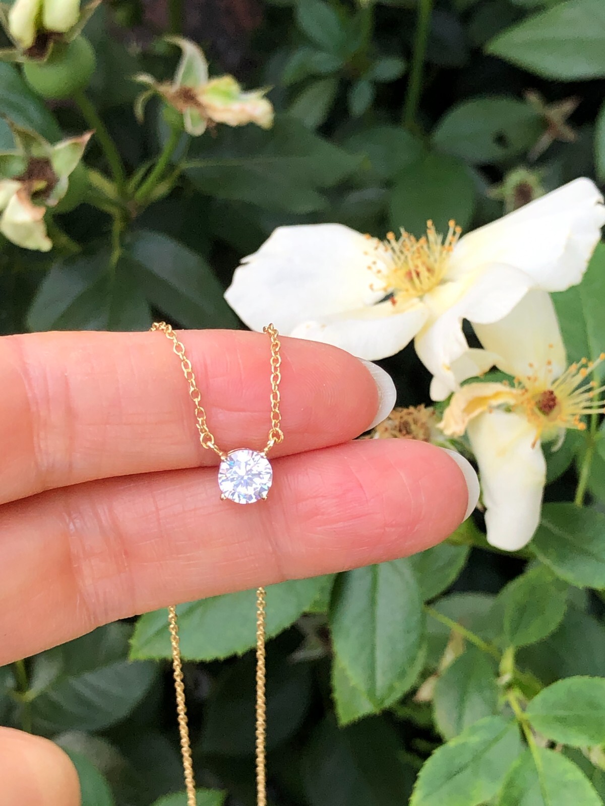 925 Sterling Silver CZ Round Solitaire Pendant Necklace Women 5.8mm 17.25″ Gold