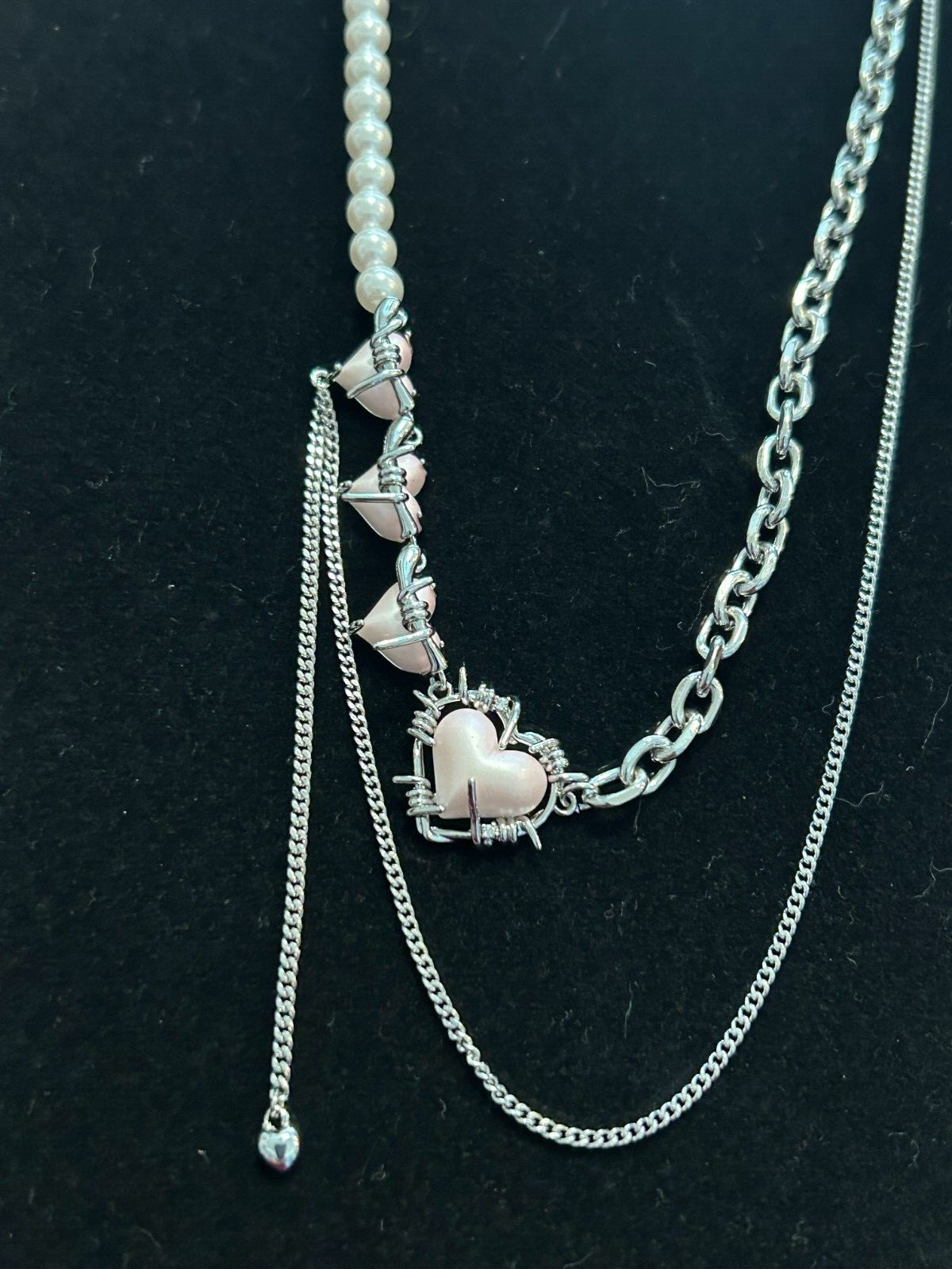 Signed SUMIYAKI Silver Tone Spiritual Necklace, Faux Pearl Pink Hearts.