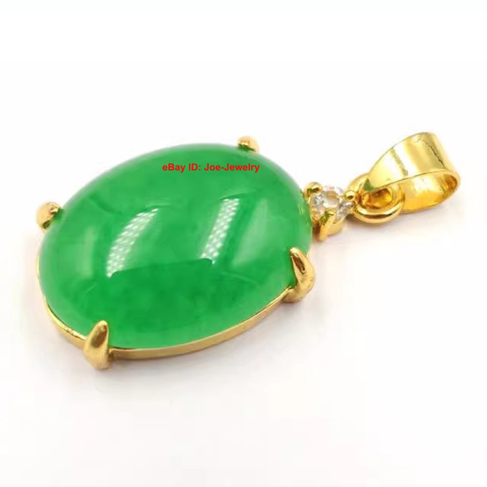 Yellow Plated Alloy Heated Oval Green Jade Pendant Vintage Chinese Style 33mm H