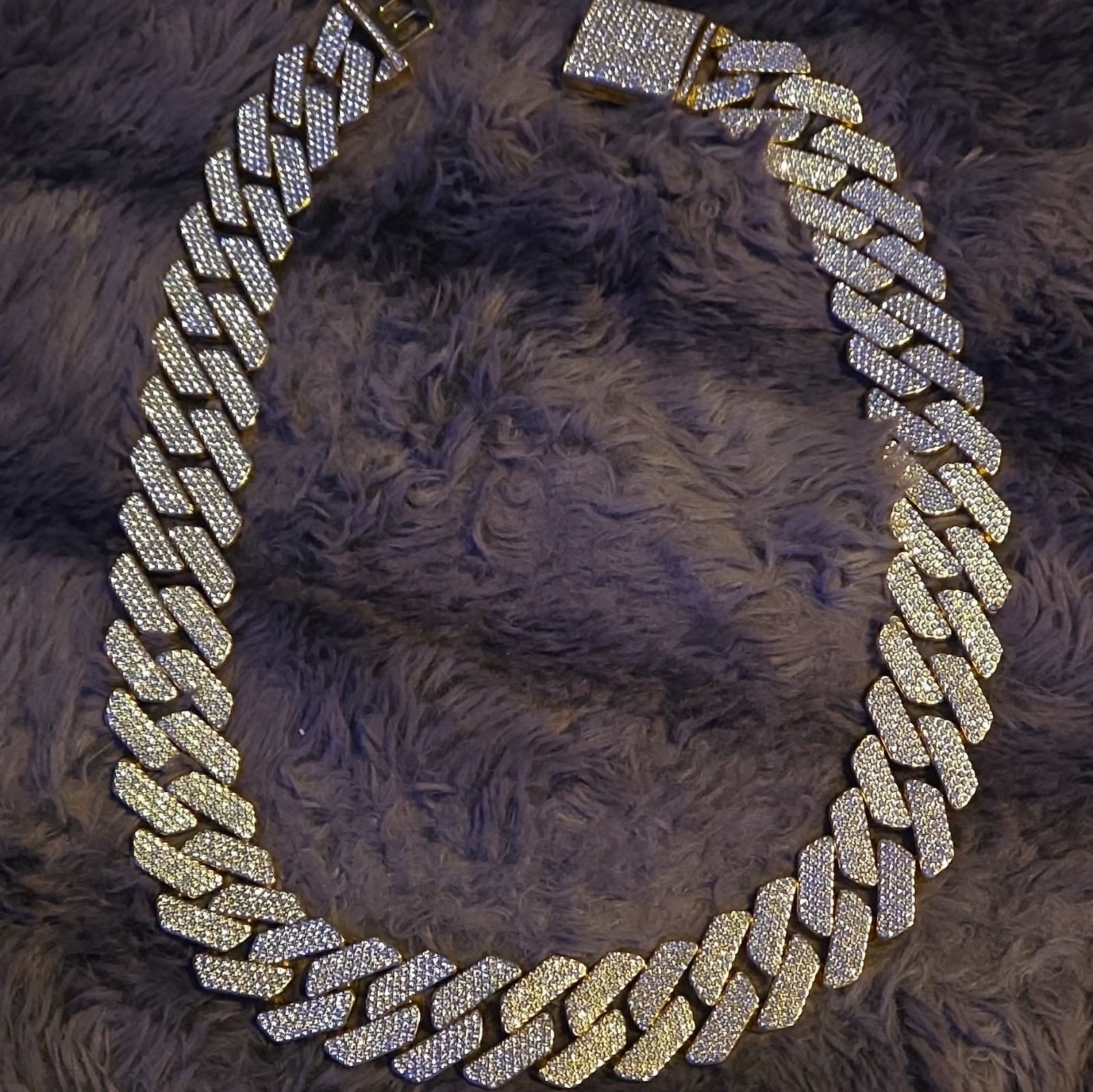 Gold Tone/Plated Iced Out Moissanite Rhinestone Cuban Link Chain Necklace