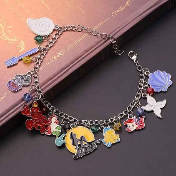 🦐 Disney Little Mermaid Silver Zinc Alloy Metal Charm Bracelet 7.5″ 10 Charms