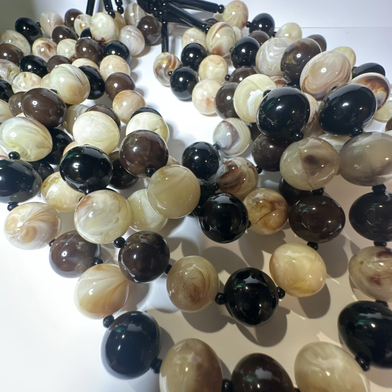 Angela Caputi Huge Multi Strand Black Brown Beige Beads Resin Necklace 18”