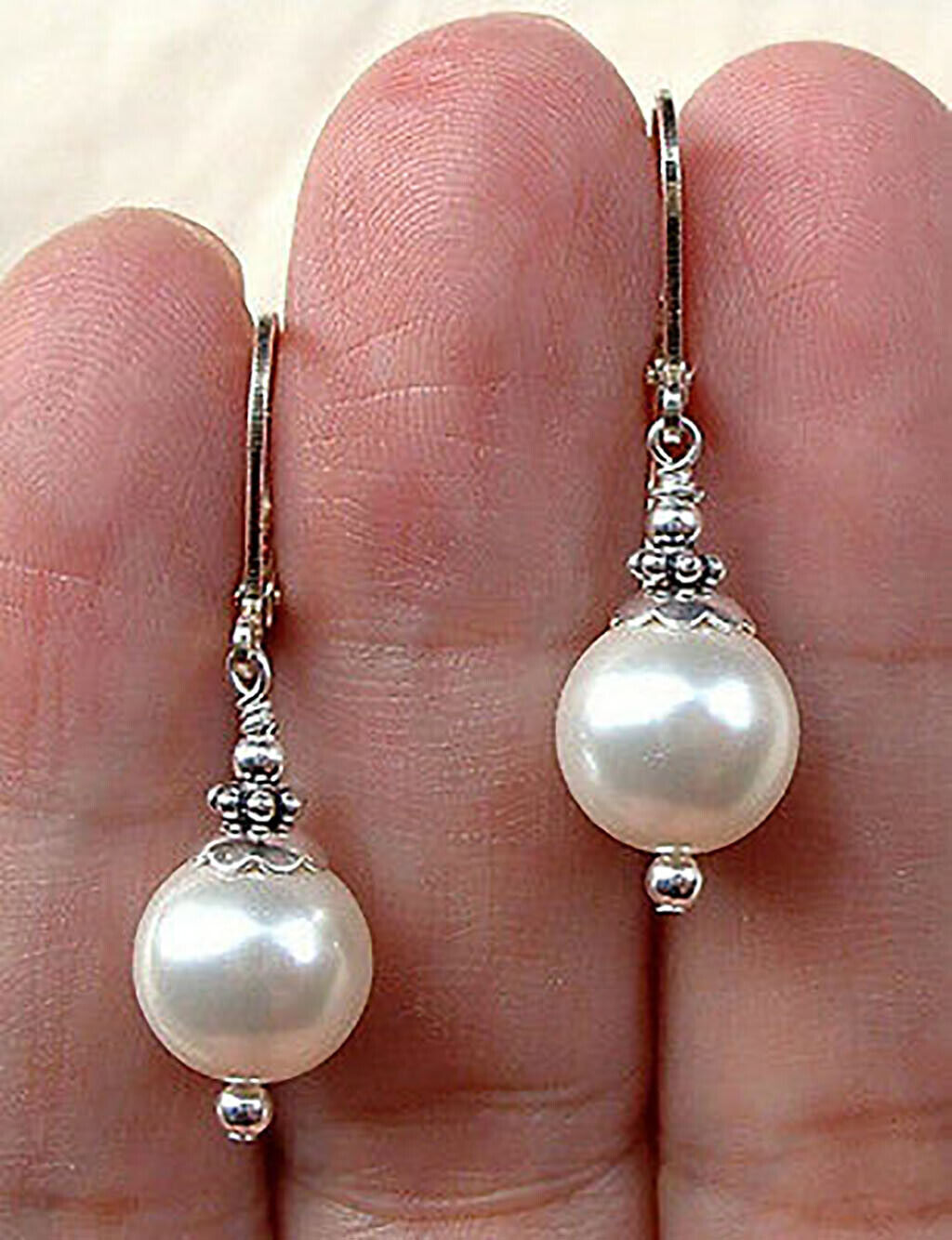 8-14mm South Sea White Round Shell Pearl Silver Leverback Dangle Earrings