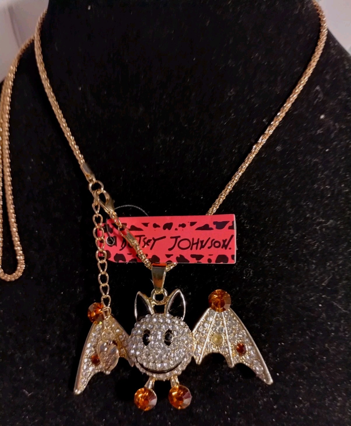 Betsey Johnson Golden Rhinestone Bat Halloween Necklace Moving Wings W/Tags