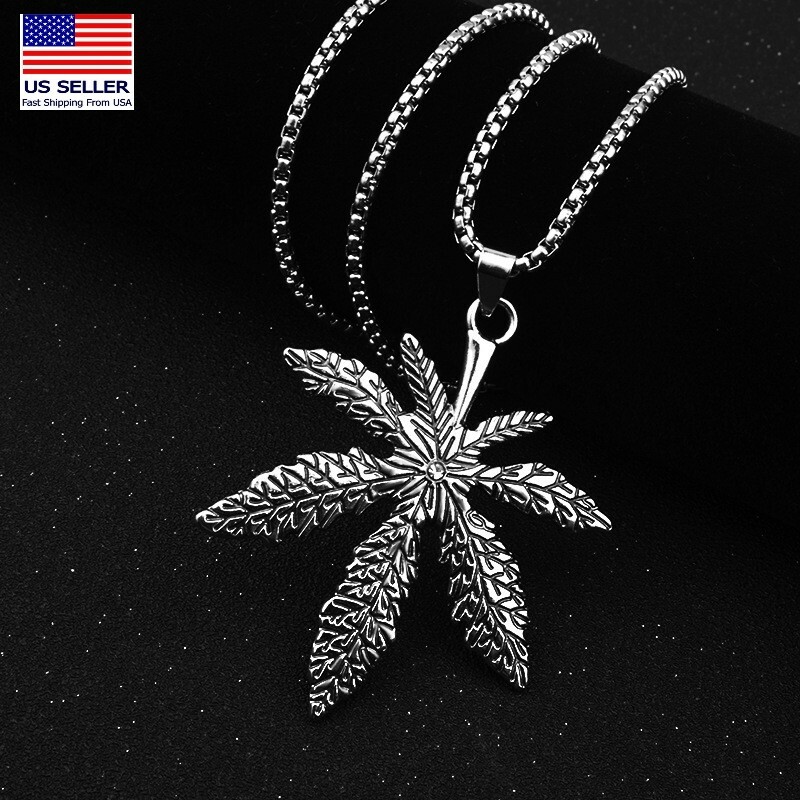 MEN Stainless Steel 3D Large Cannabis Marijuana Leaf Pendant Necklace 0818