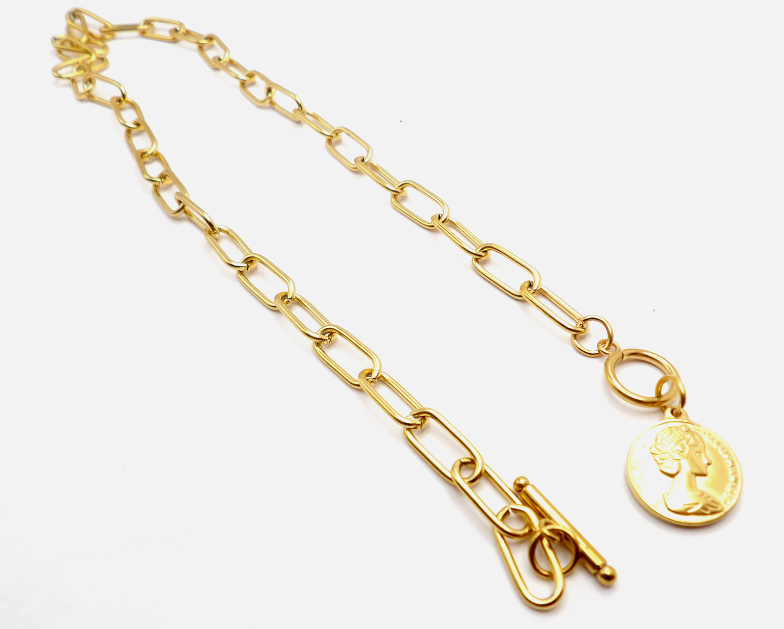 Layering Gold Paperclip Chain Necklace, Vintage Coin Pendant Toggle Choker Gift