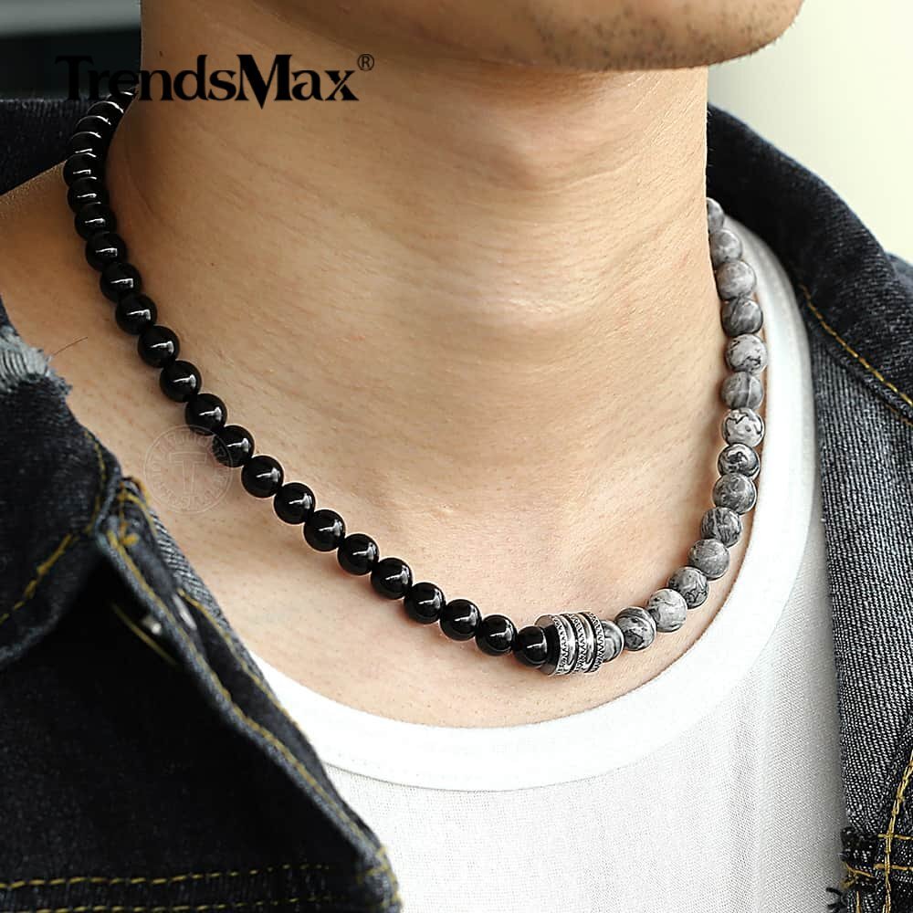 8mm 20″ Natural Grey Jasper Map Stone Black Glass Beaded Necklace Choker Gift
