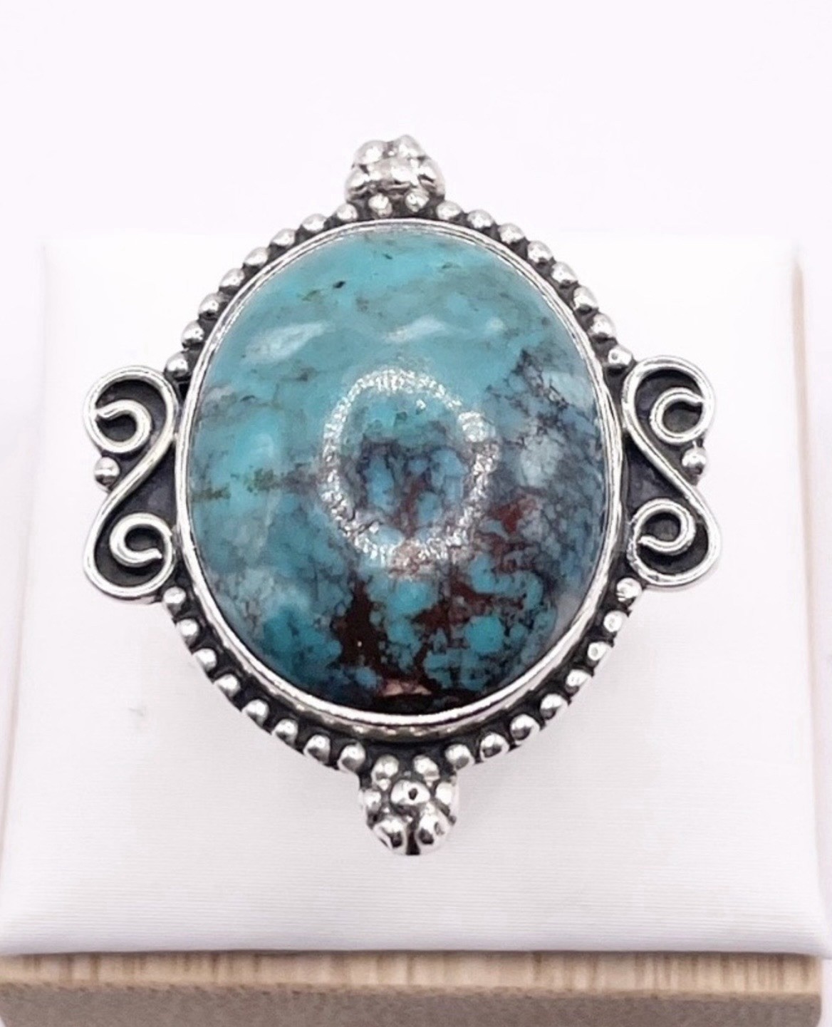 Tibetan Turquoise Oval Bezel Statement 925 Sterling Silver Ring Band Size 8.5
