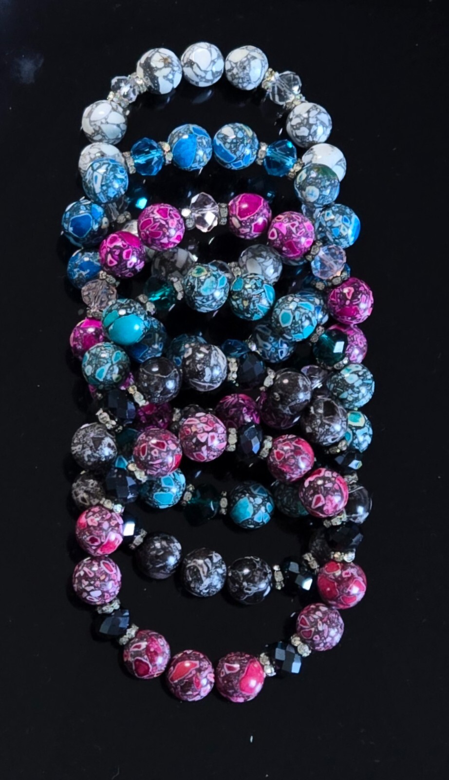 Stone Bracelet Stretch Beaded Multi Black Red White Blue Woman Lot 6 Daily