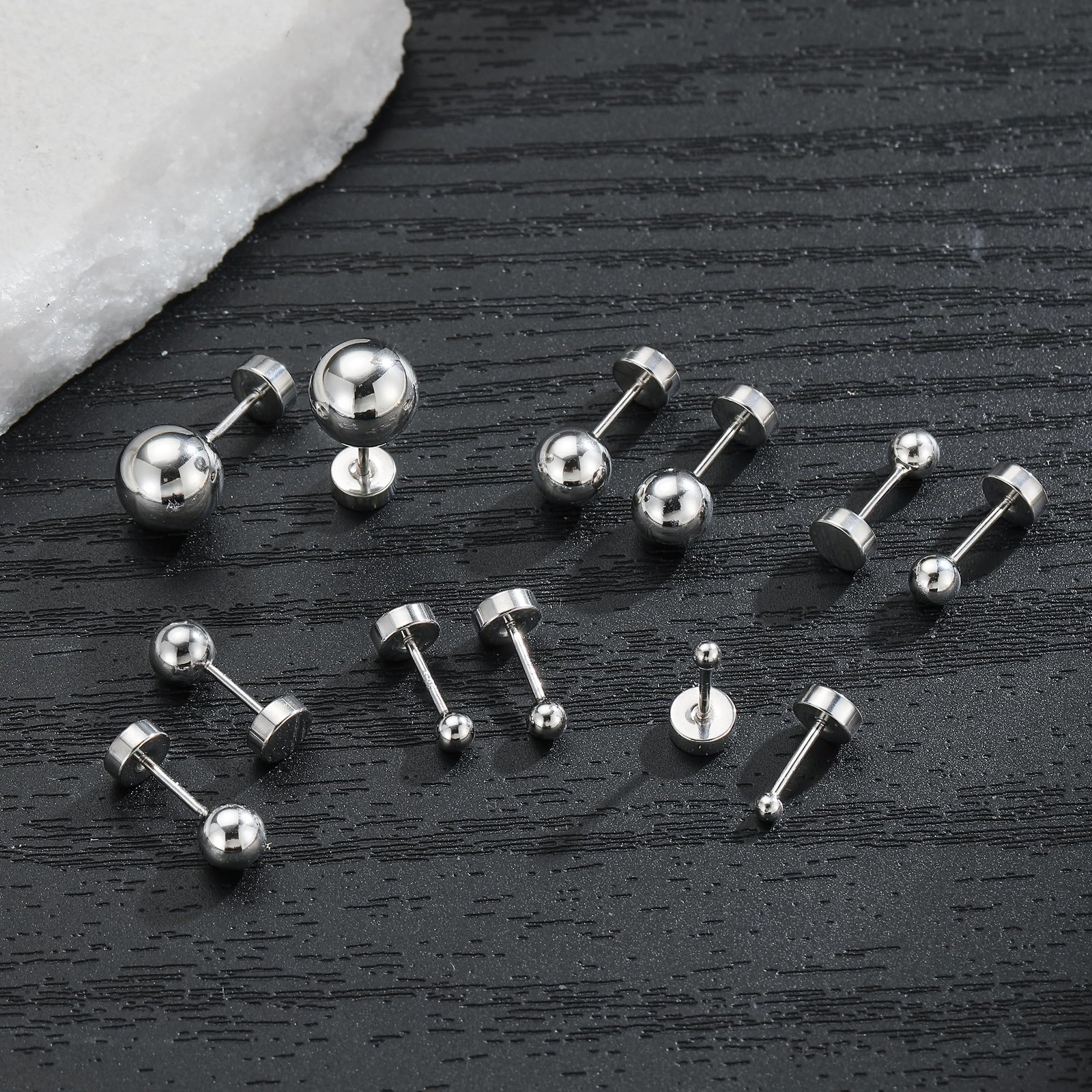 Yoosteel 6 Pairs 2mm, 3mm, 4mm, 5mm, 6mm, 8mm, Ball-Sliver-Plated