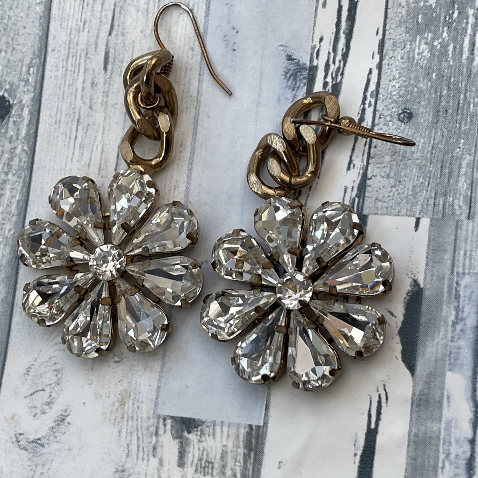 Vintage Oversized Flower Dangle Drop Earrings – Clear Glass Petals – Prong Set