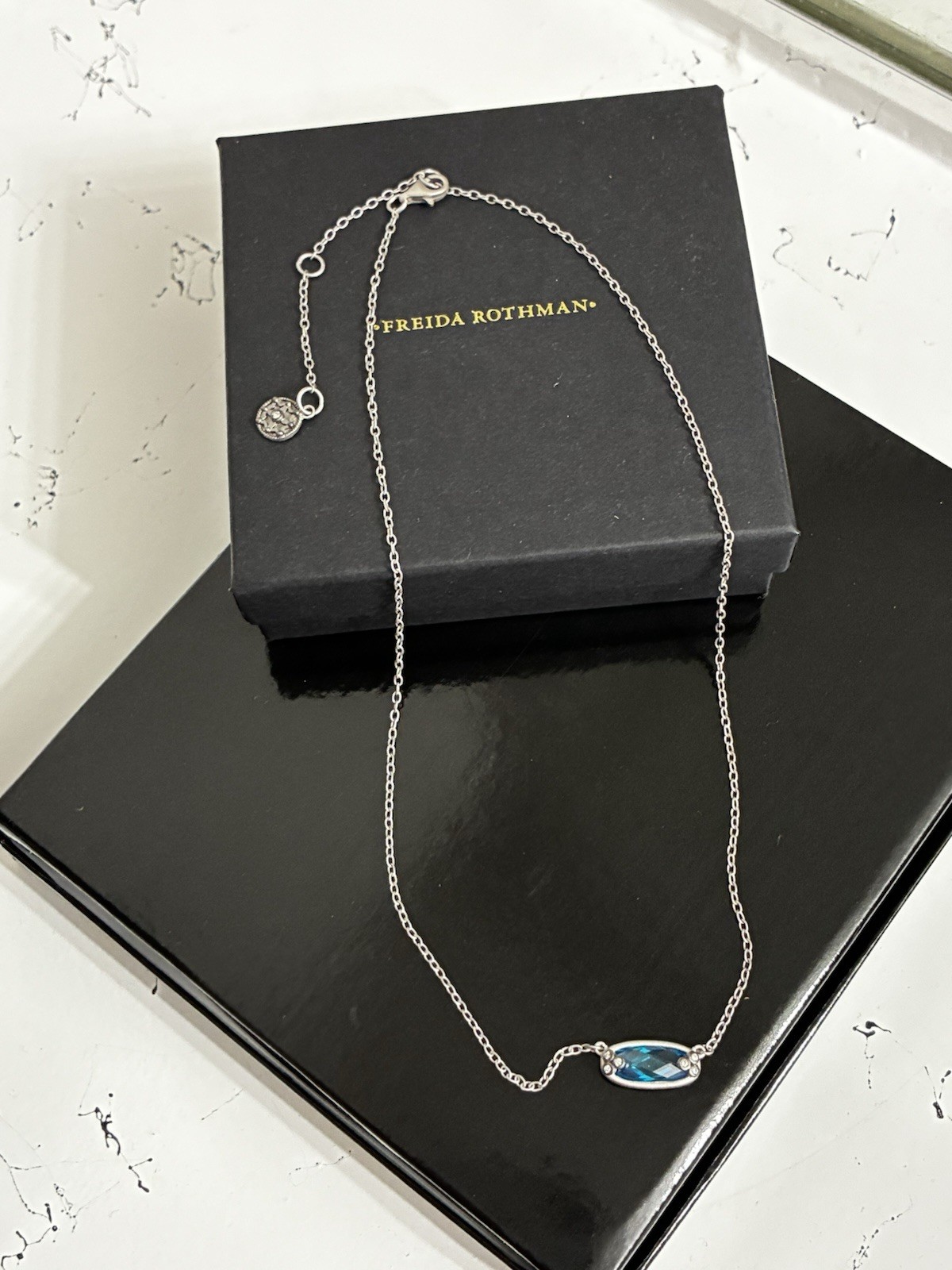 FREIDA ROTHMAN Silver Tone Cable Chain GEM PENDANT NECKLACE 2 stacked necklaces