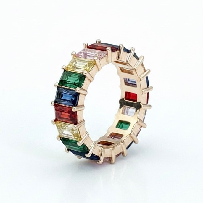 14k Gold & 925 Solid Multicolor Sapphire Rainbow Eternity Ring For Her Size 6