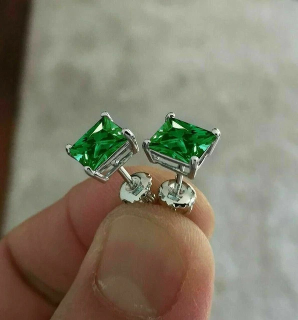 4Ct Princess Simulated Emerald Stud Earrings Women’s 14K White Gold Plated