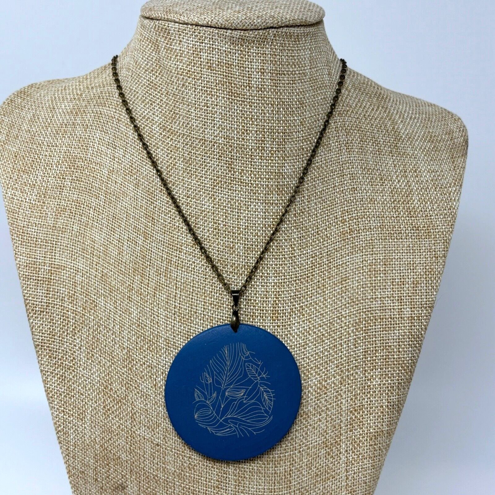 Bronze Tone Chain Necklace with Large Navy Blue Round Wooden Pendant Engraved