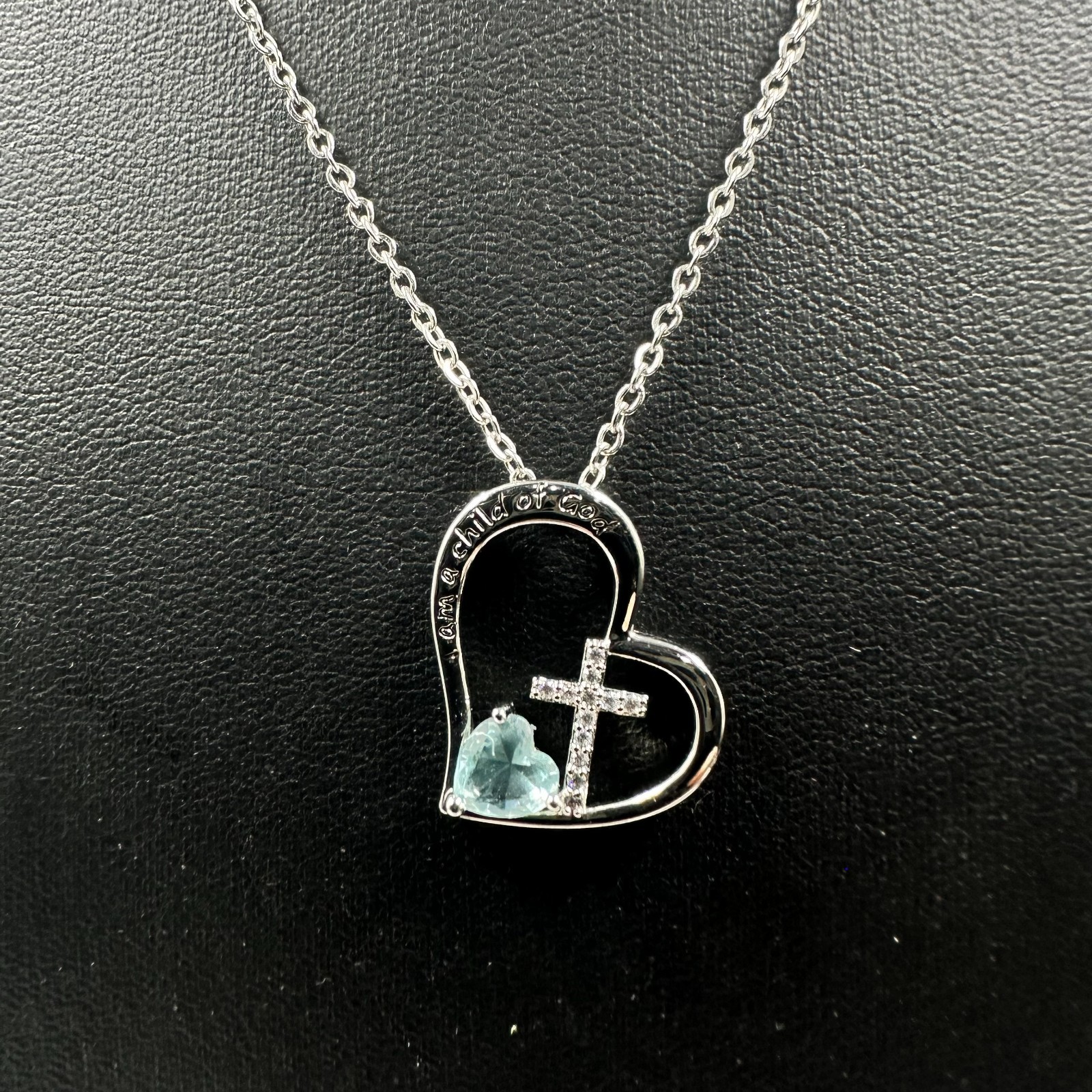 I Am A Child of God Heart Necklace Silver Tone Cross Blue Stone Accent 17 Inches