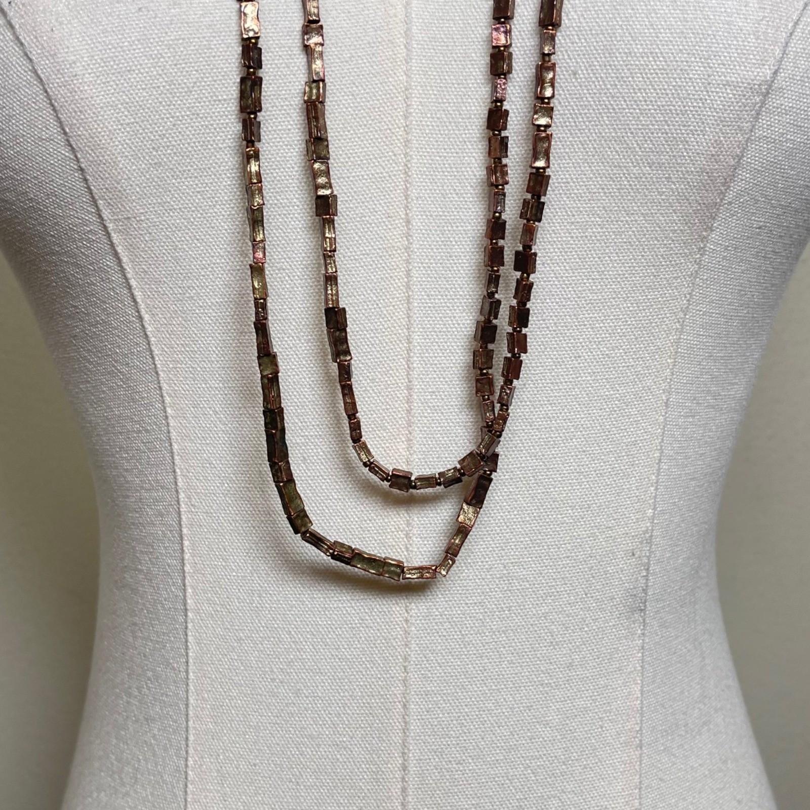 Vintage Braided Leather Layered Beaded Necklace Brown Bronze Boho Statement