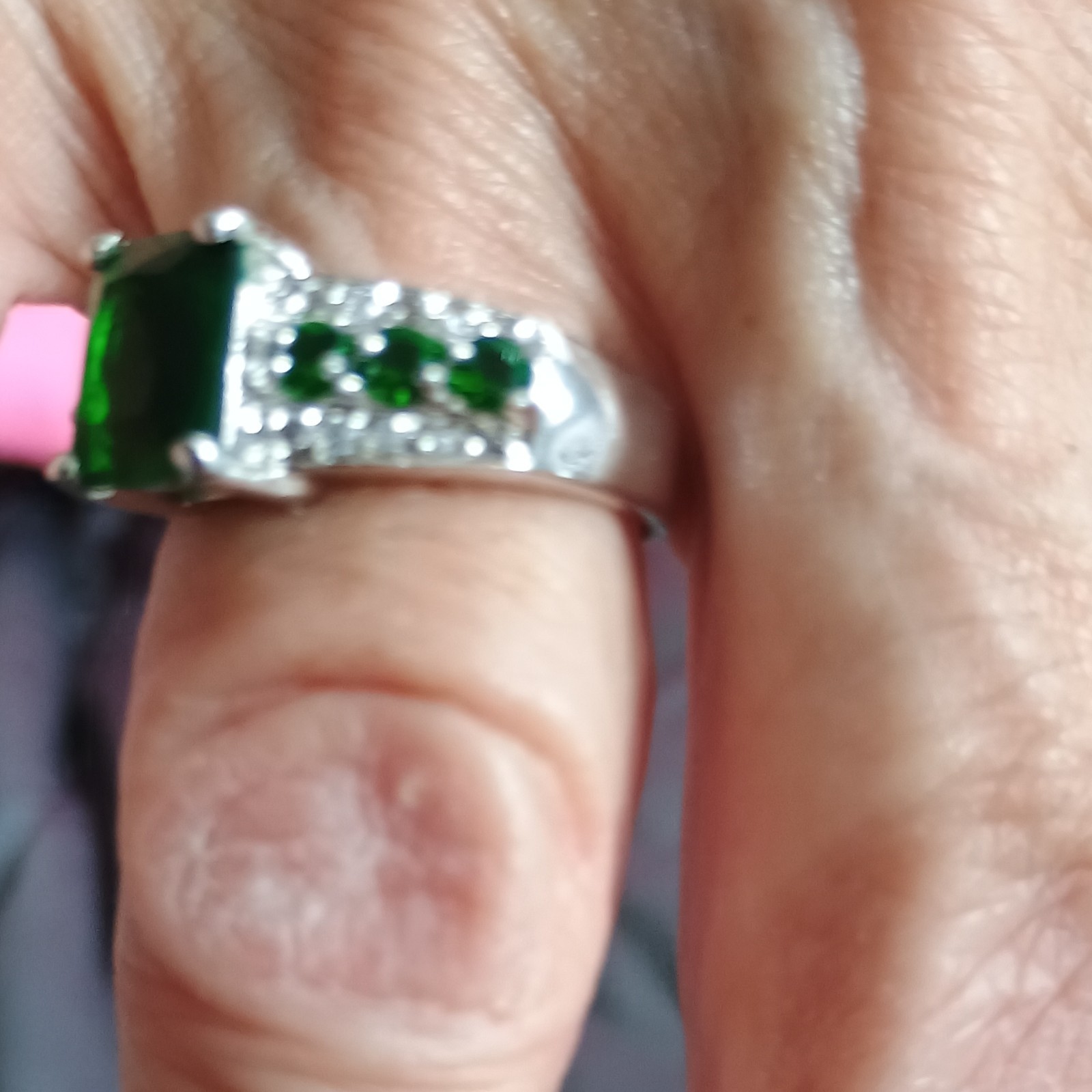 Silver Tone On 10Kt Cocktail Ring Size 8 with Green Emerald Stone, Prong Setting