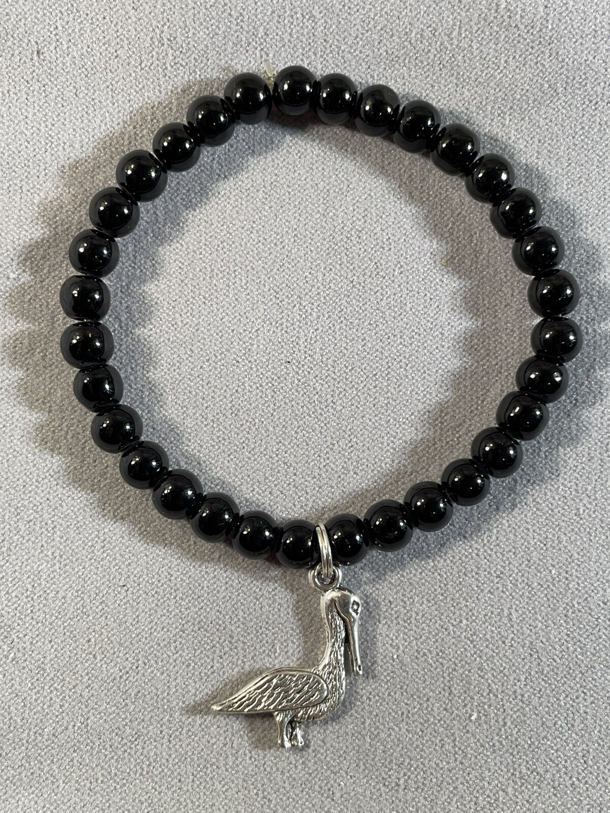 Pelican Silver charm Black Pearl Bracelet Stretch Bead Jewelry Handcrafted NEW