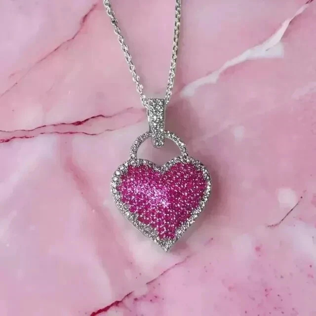 2Ct Round Lab Created Pink Sapphire Heart Pendant 14K White Gold Plated 18″Chain