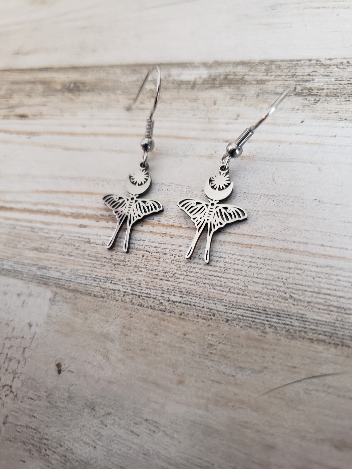 Luna moth earrings mini little lil jewelry pretty cute boho hippie crescent moon
