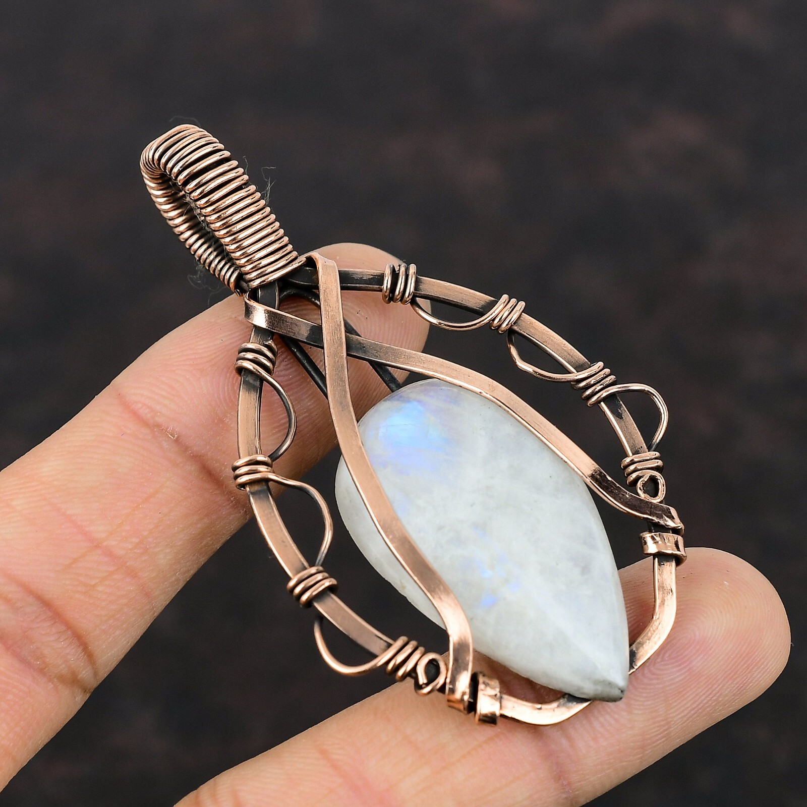 Rainbow Moonstone Wire Wrapped Pendant Handcrafted Copper Designer Jewelry 2.91″
