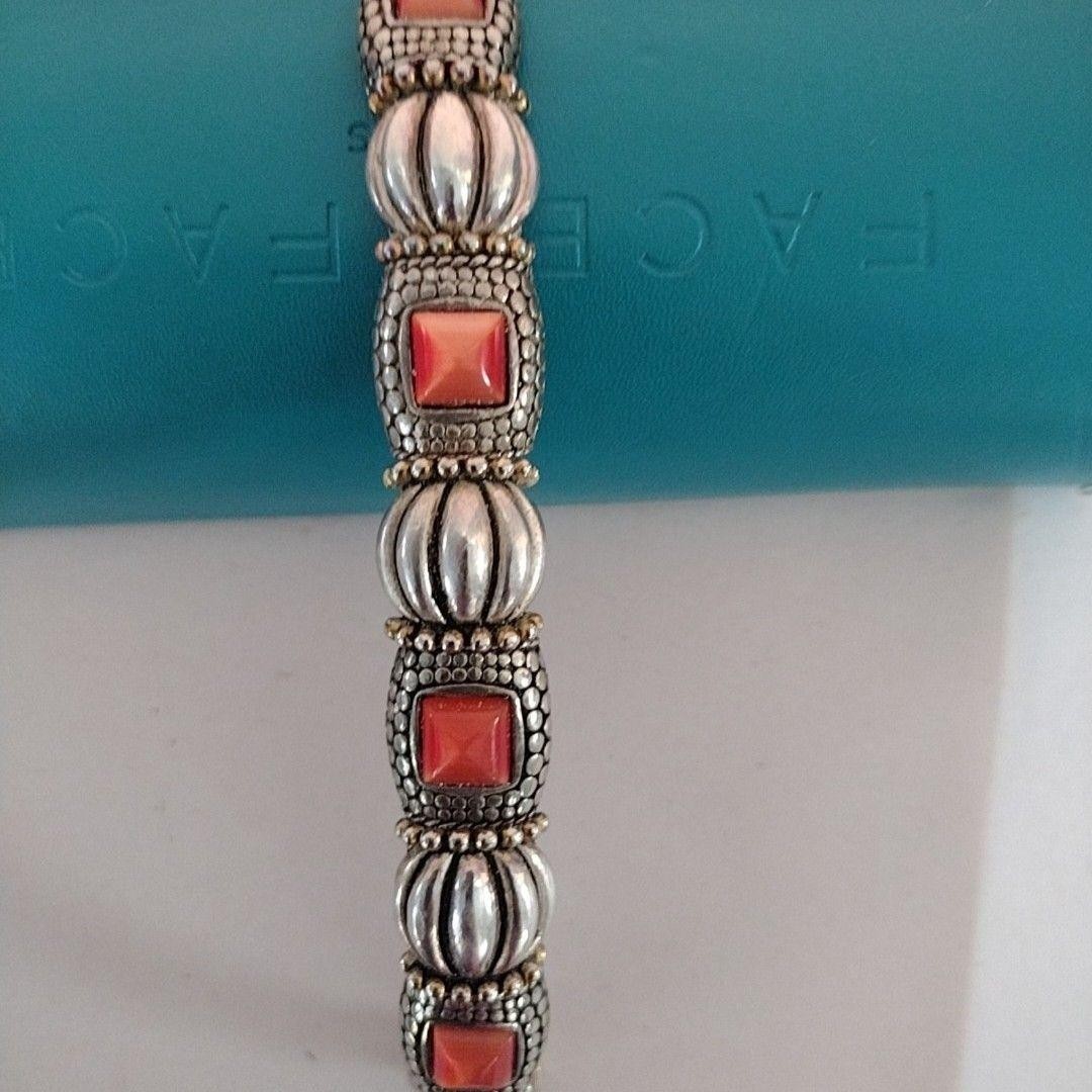 Silver Tone Orange Stone Chain Bracelet 7.8 In Womens Box Clasp Link Jewelry