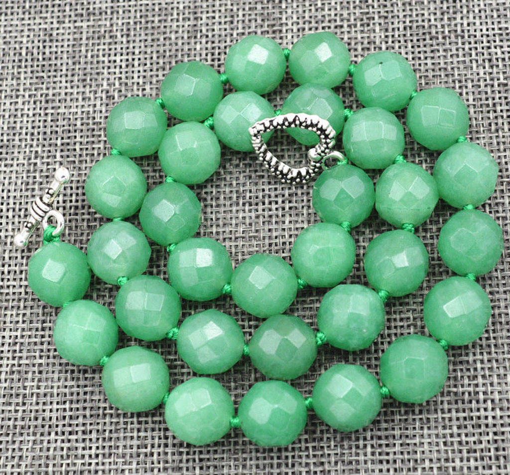 Faceted 12mm Green Emerald Round Beads Necklace 18″ Tibetan Silver Love Clasp