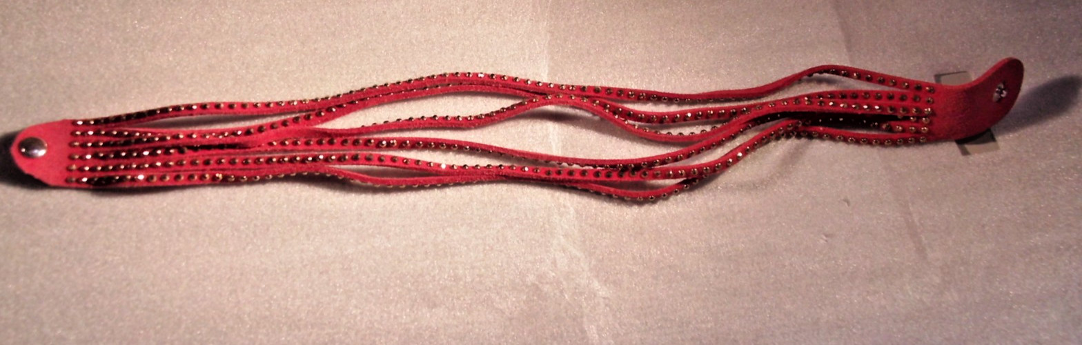 Bracelet – Rhinestone Wrap 6 Layer Red Suede, Snap Closure – More Below