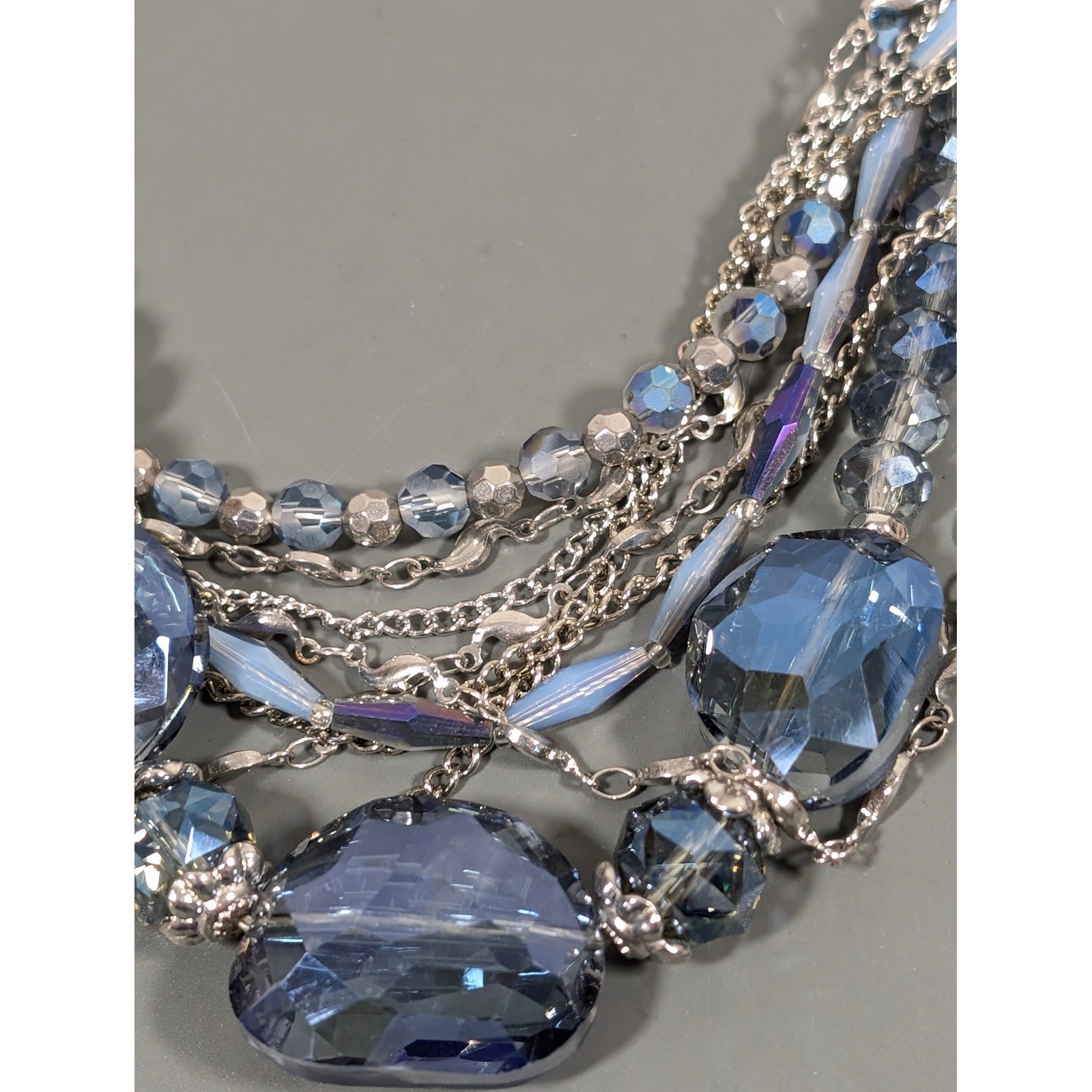 Blue Glass Bead Multi Chain Layered Statement Necklace Faux Leather 21″