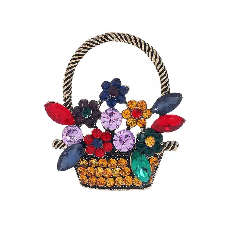 Vintage Easter Spring Flower Basket Brooch Sparkling Rhinestone Pin Jewelry Gift