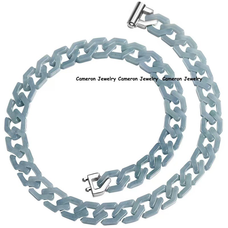 Real Grade A Natural Blue Jade Jadeite Bracelet Curb Link Necklace 5.9-24inch