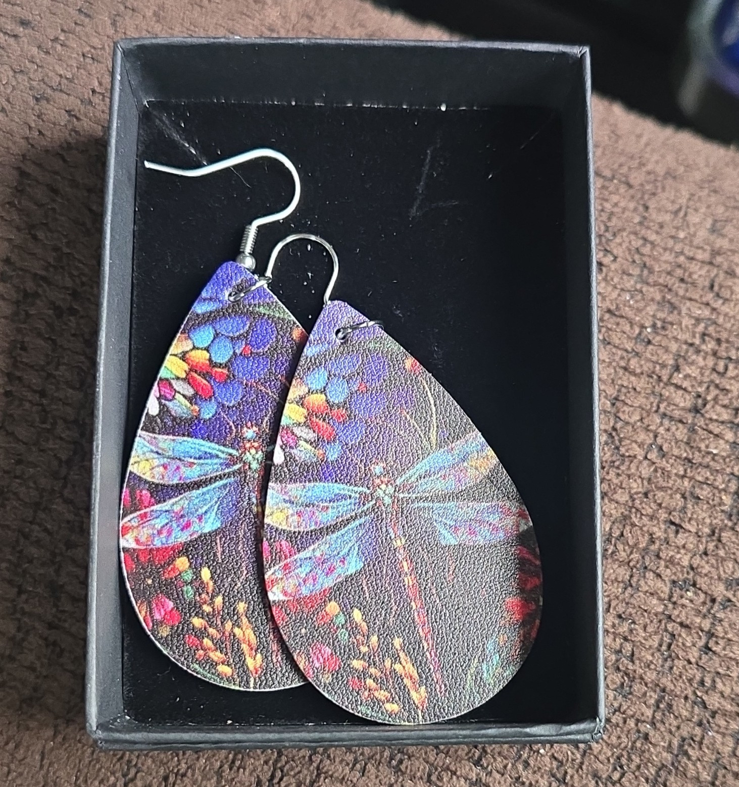 Faux Leather Teardrop Dangle/Drop Earrings Multicolor Butterfly Print Hook