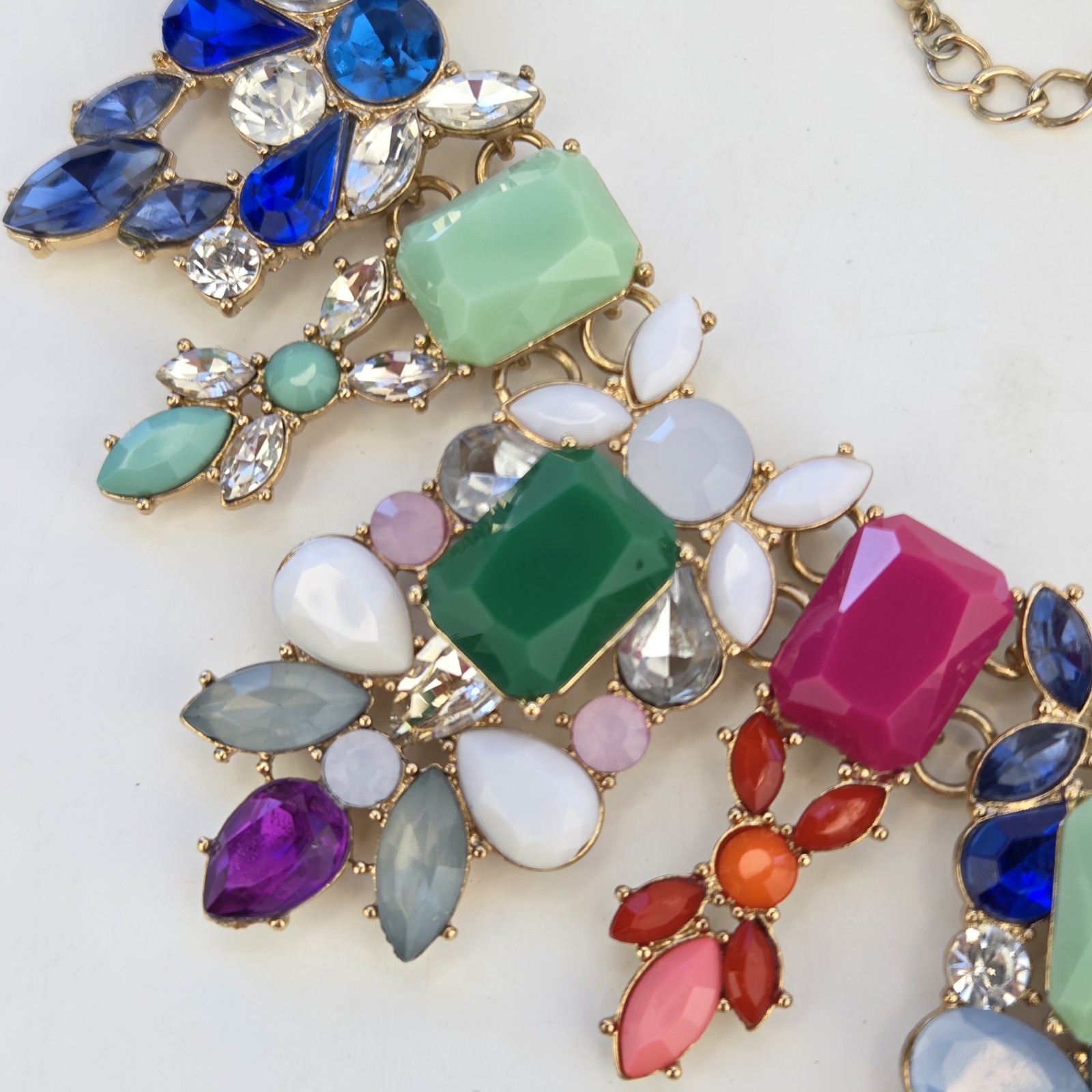 Natasha Statement Necklace 17″ Multi Colored Acrylic And Glass Stones Gold Tone