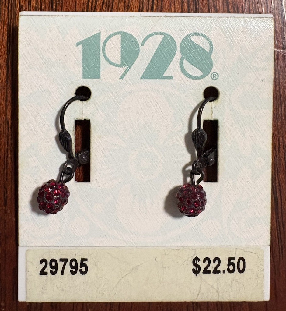 1928 Earrings Dark Metal Dark Red Rhinestone Balls Dangle NWT