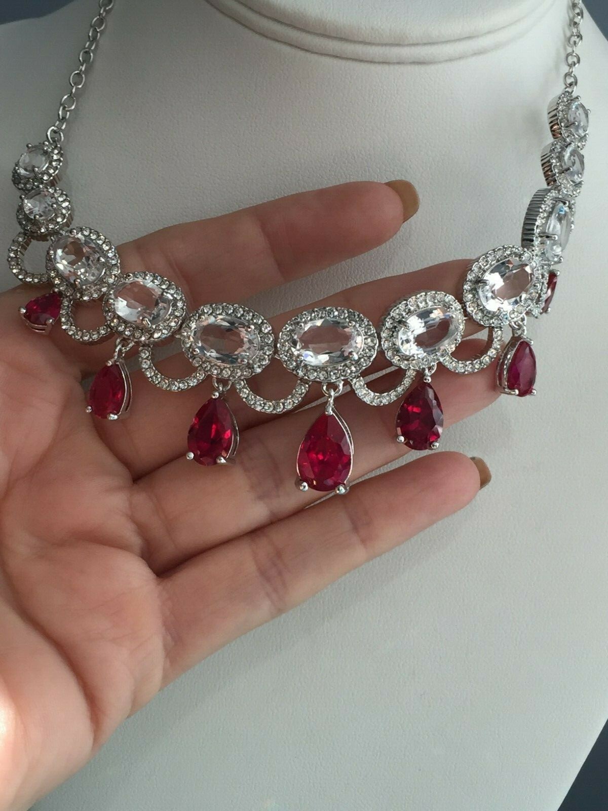 Marilyn Monroe Red & Clear Crystal Necklace Silvertone Plated Brass 17 + 2″