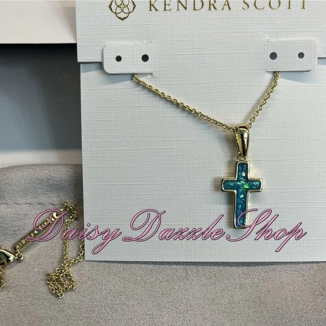 ✨New Kendra Scott Cross Gold Pendant Necklace in Blue Kyocera Opal ✨🕊️