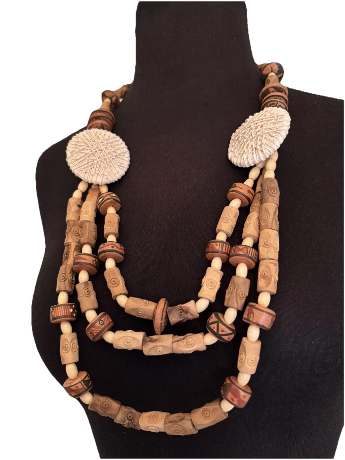 BOHO Tribal Chunky Wood Beaded Necklace Multi Triple Strand Statement 24-28”