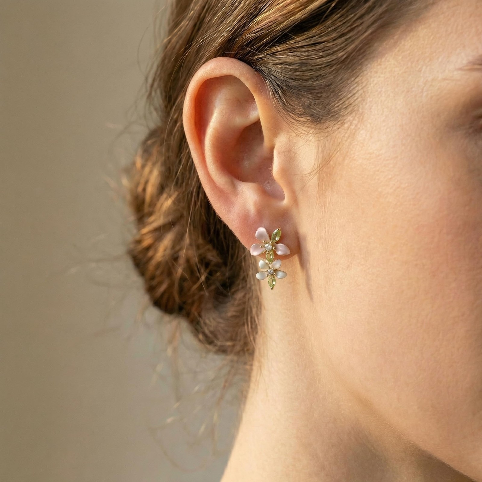 Double Flower Dangle Drop Stud Earrings for Women, Cute Pink White Leaf Floral R