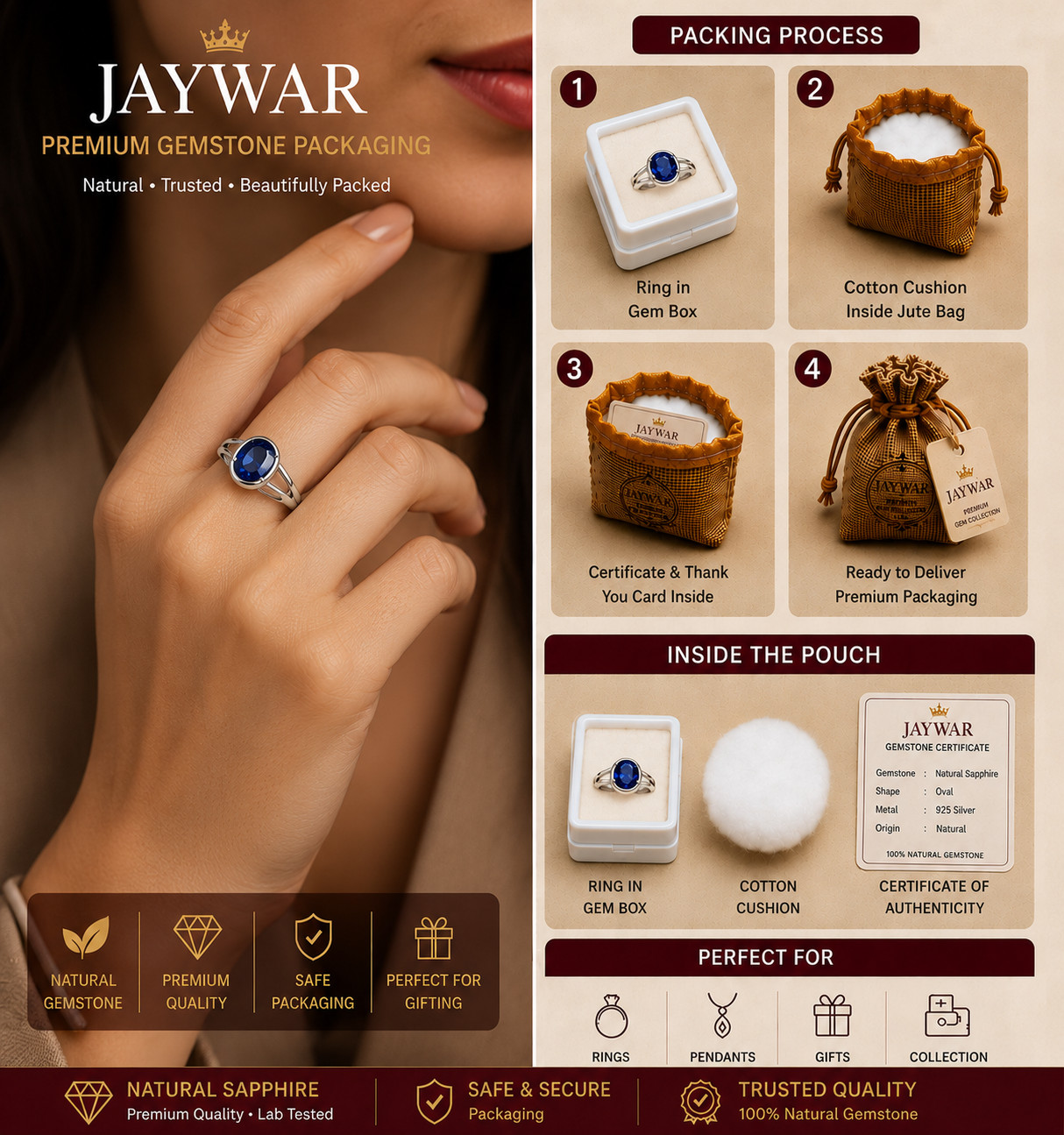 💎 JAYWAR Blue Sapphire Ring Adjustable Panchdhatu Silver Plated Unisex