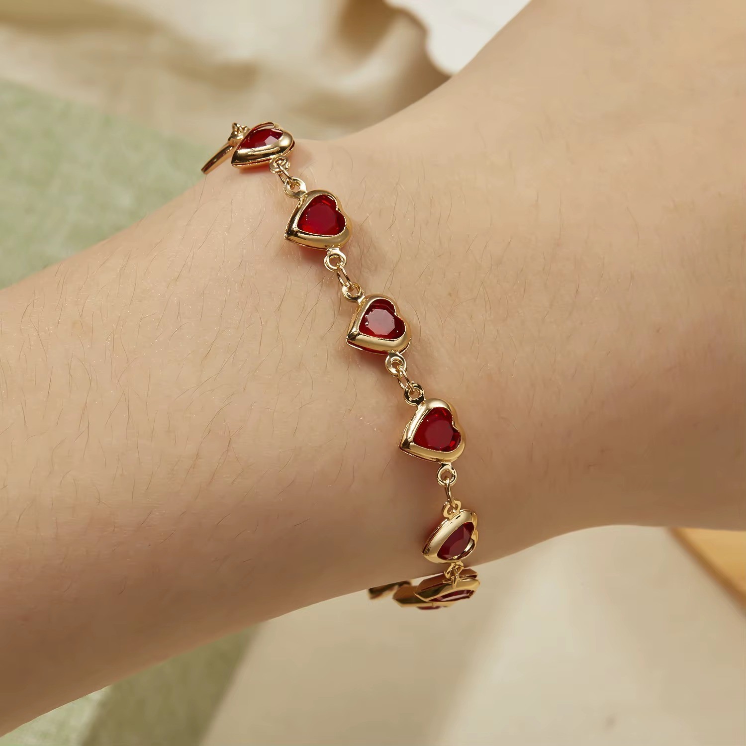 Red Crystal Zircon Heart Bracelet for Women Valentine Gift Metal Chain Jewelry