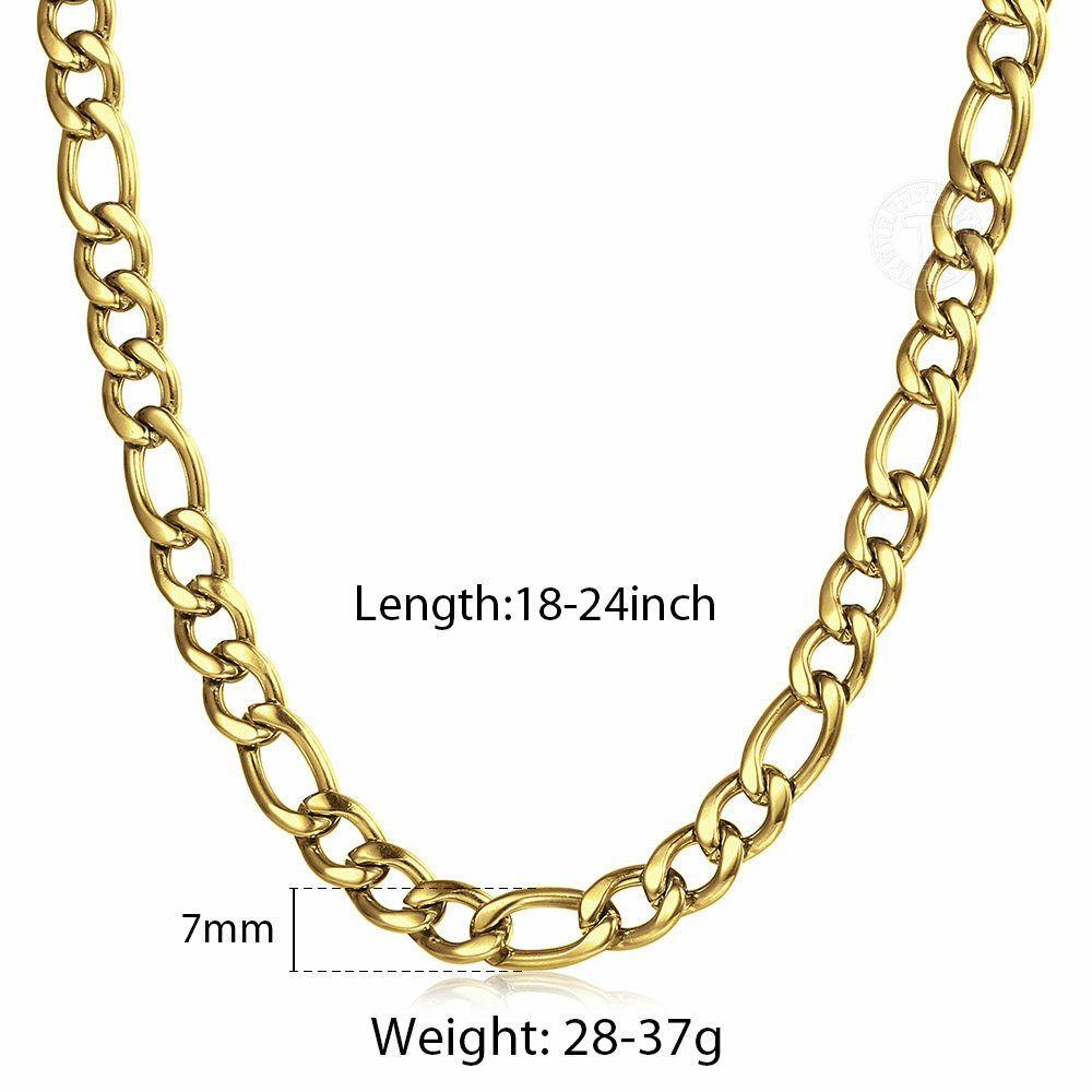 3/5/7/9mm 16″-30″ Gold Plated Stainless Steel Figaro Chain Necklace Men Women