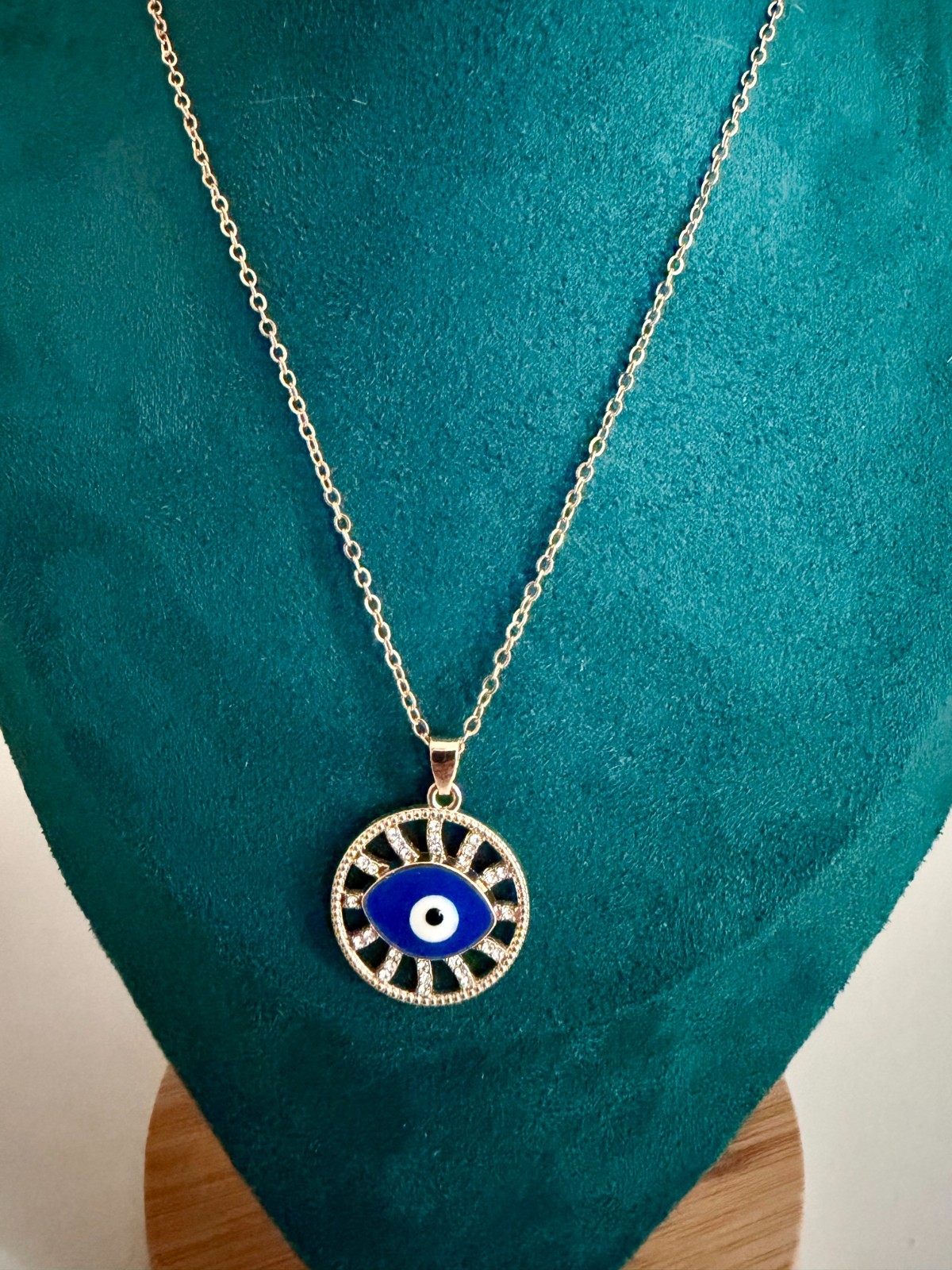 Handmade Evil Eye Pendant Necklace Fold Tone Crystal Circle Charm