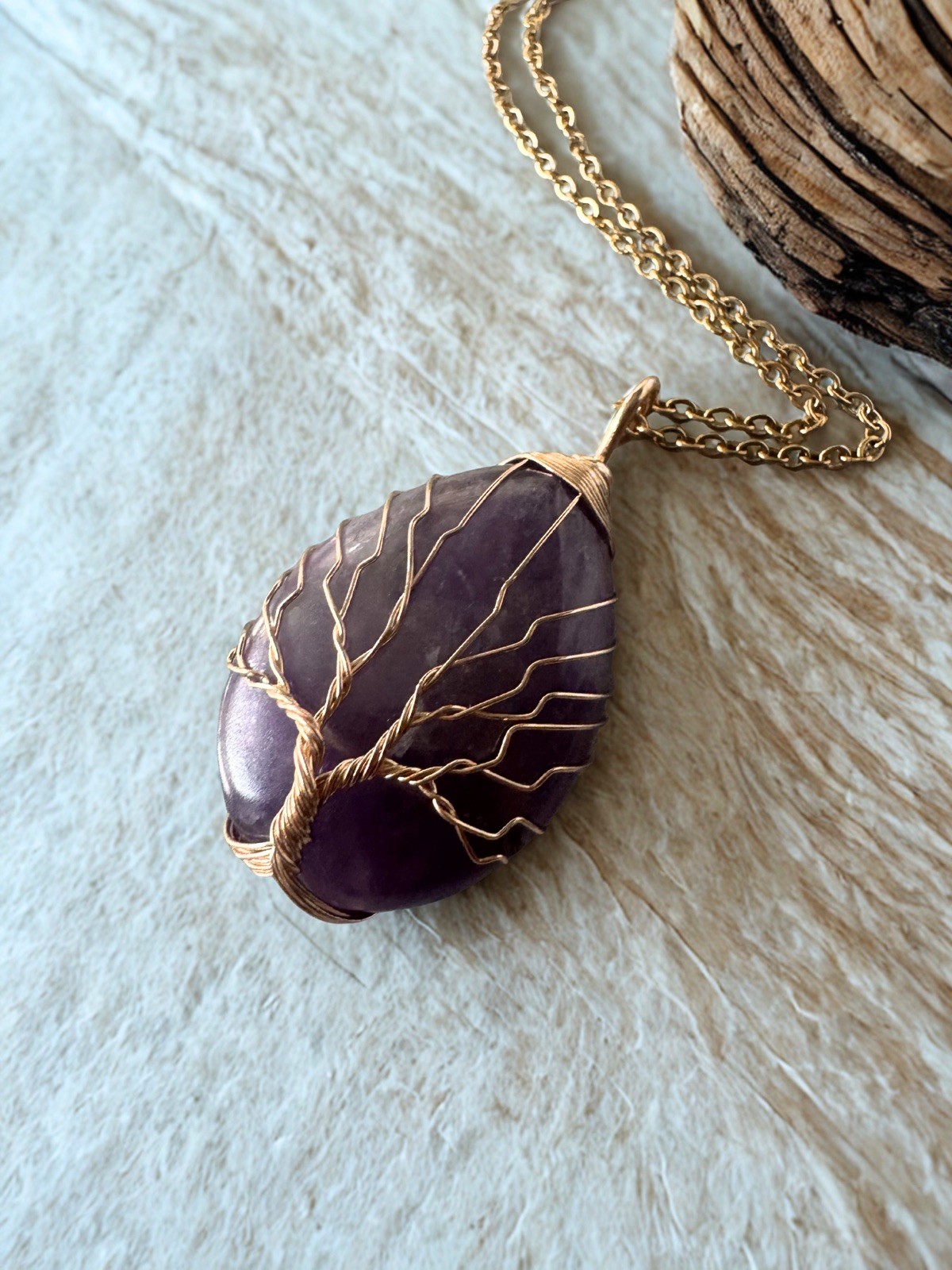 Amethyst Crystal Tear drop Tree of Life Pendant With Gold Necklace Healing Stone
