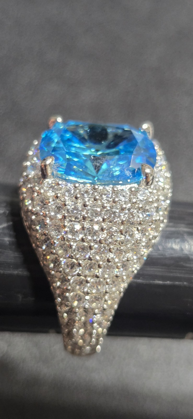BRADFORD EXCHAGE STERLING HUGE CUSHION LAB CREATED PARAIBA TOURMALINE RING 9.25